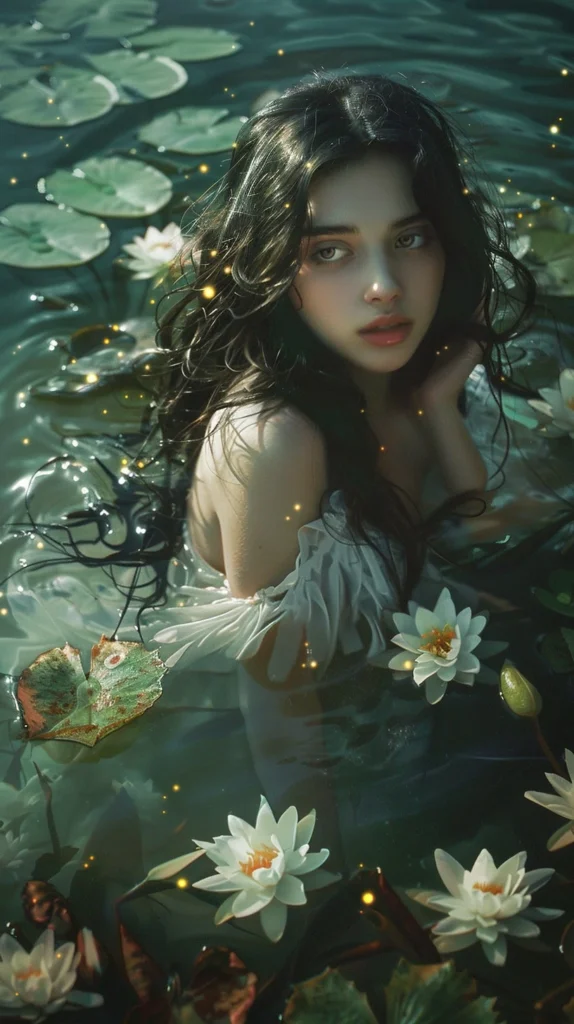 Water nymph submerged, alluring photo art.