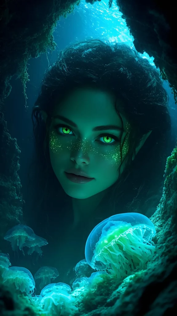 Mysterious naiad looking directly at viewer